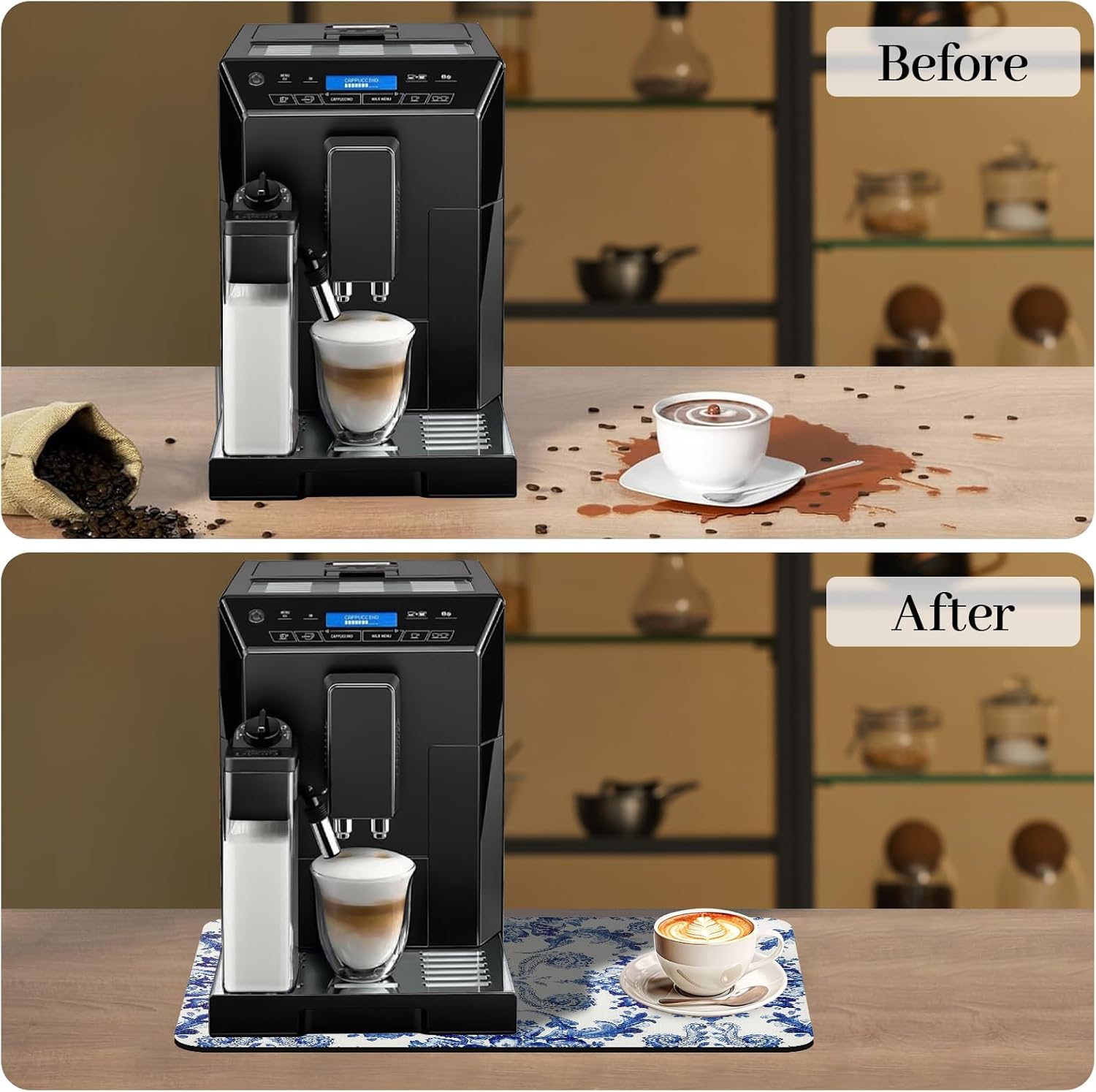 Bloss Dish Drying Mat, 12.2"x19.7" Absorbent Coffee Bar Mat with Waterproof Rubber Back, Fit Under Coffee Maker Machine/Kitchen Counter(Ink Cyan Flower)