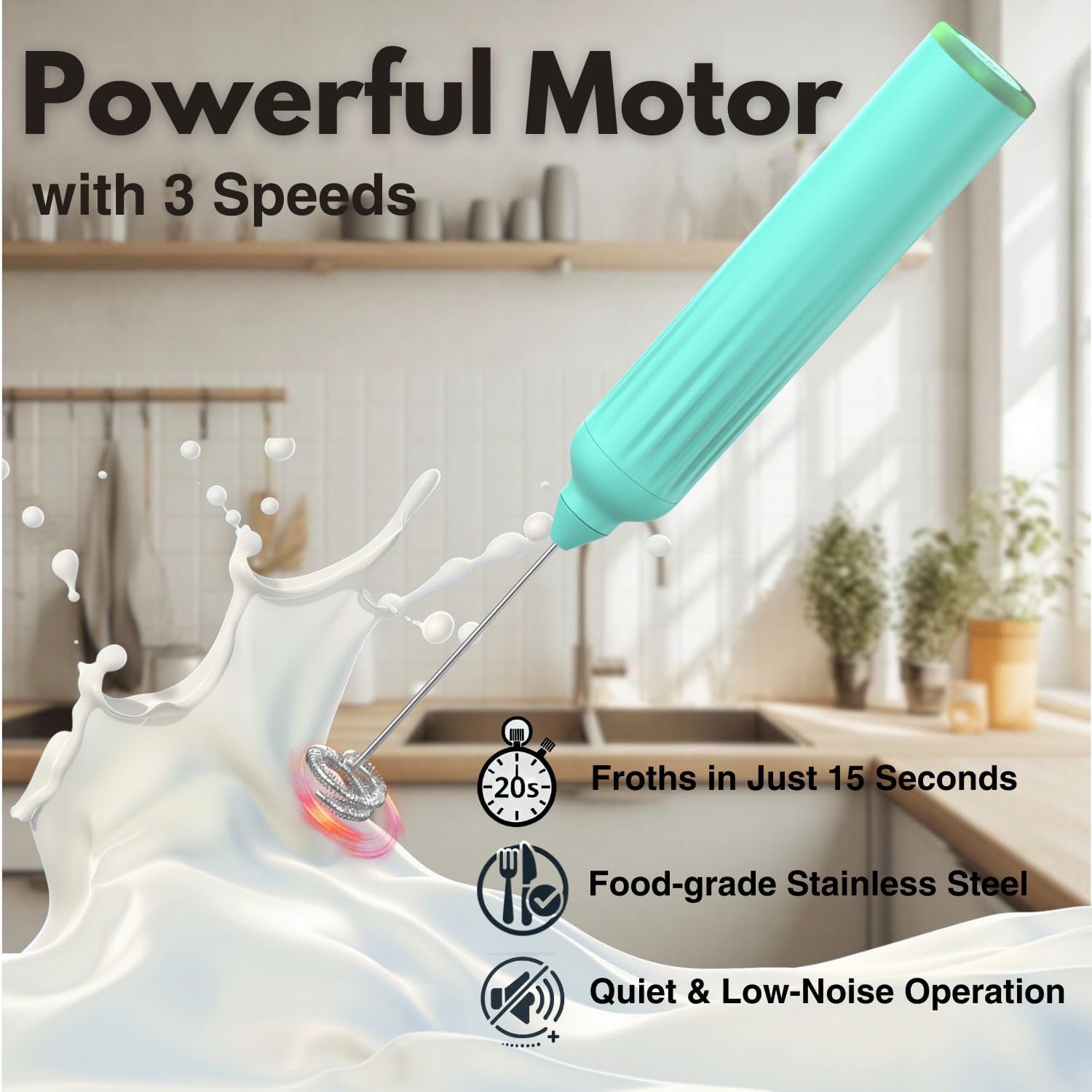 Milk Frother Handheld with 3 Stainless Steel Whisks, Rechargeable Electric Drink Mixer with Stand & Travel Case, Milk Foamer for Coffee, Latte, Cappuccino, Hot Chocolate, Egg,Jam Supplement-Mint