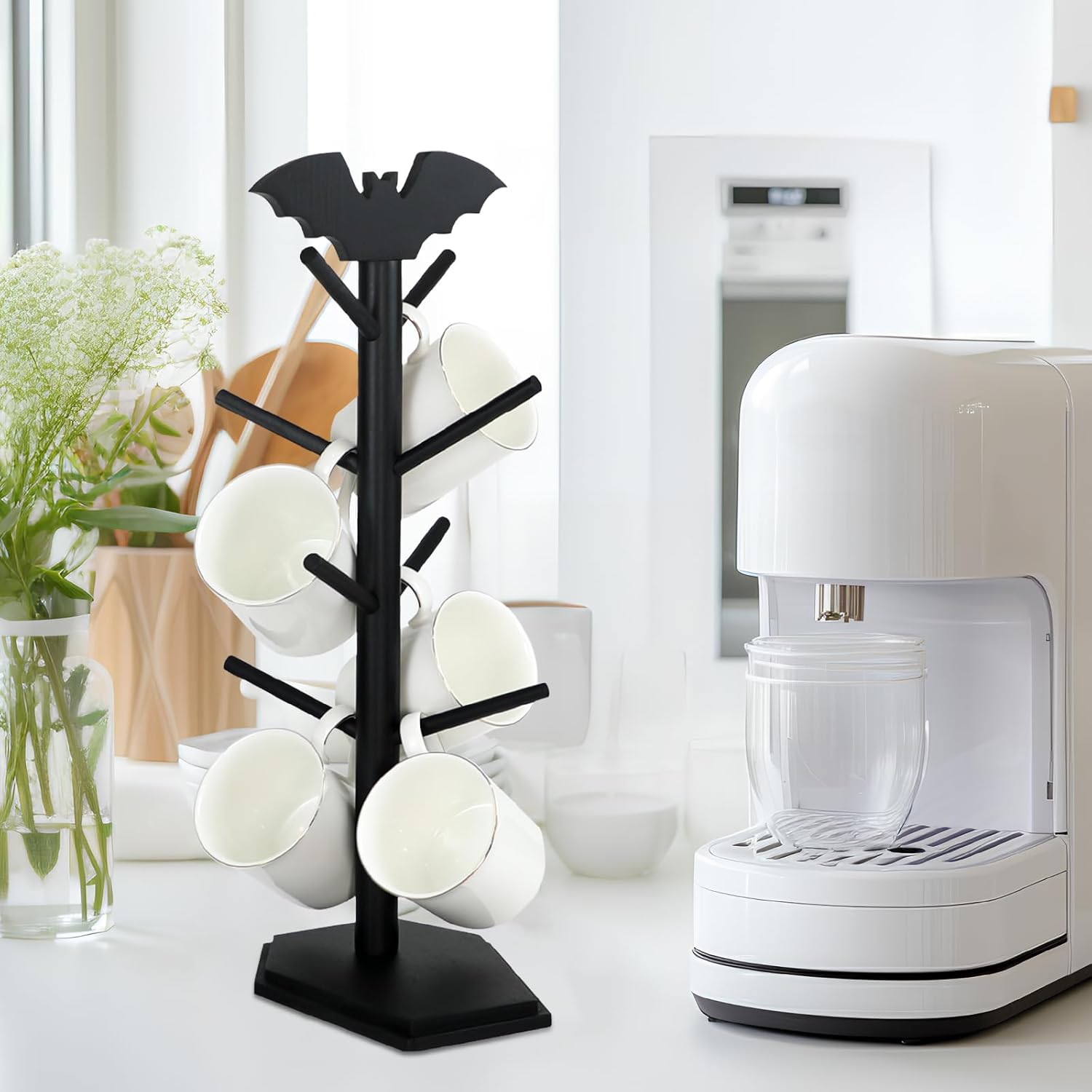 Bat Mug Holder Tree - 8 Hooks Coffee Mug Rack - Gothic Home Decor Wood Coffee Mug Tree for Countertop - Coffee Cup Holder for Halloween Kitchen Organizer & Coffee Bar Accessories, Black