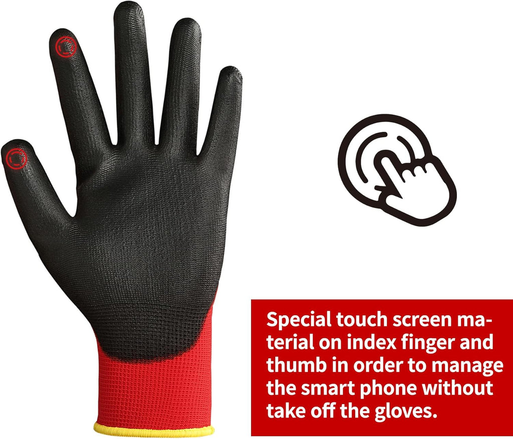 DULFINE Safety Work Gloves PU Coated for Men and Women-12 Pairs,Red Seamless Knit Glove with Two Fingers Touchscreen,Ideal for General Duty Work (XX-Large)