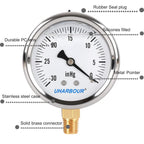 Glycerin Filled Pressure Gauge with 304 Stainless Steel Case, 2.5" Dial Size, 30InHg/0, High Accuracy, 1/4" NPT Center Lower Mount with Single Scale…