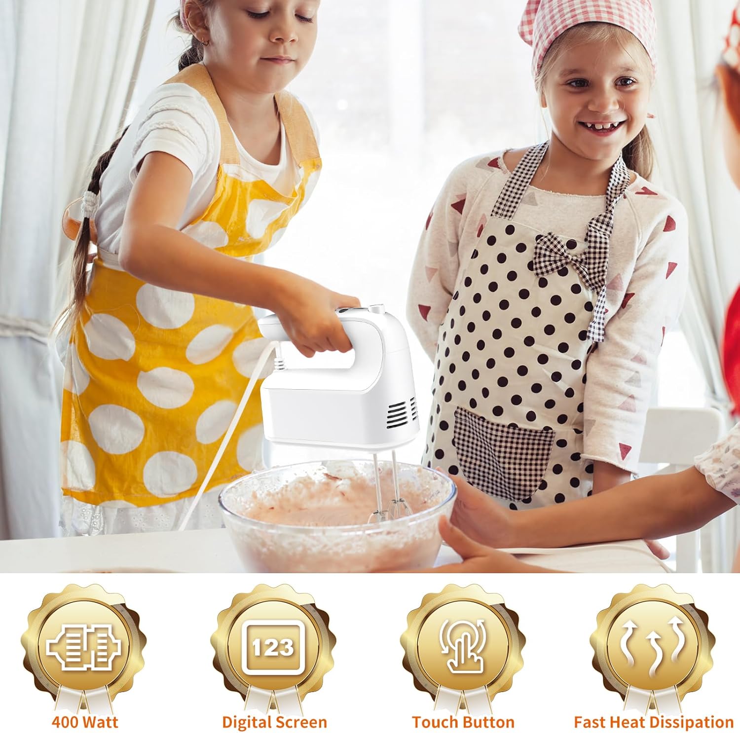 CBQ Hand Mixer Electric, 9 Speed 400W Handheld Mixer with Digital Display, Touch Button, Turbo, Snop-On Storage Case, 5 Stainless Steel Accessories, Mixer Electric Handheld for Cake, Cookie, Egg,