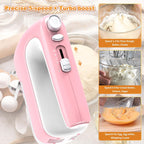 Hand Mixer Electric, 5-Speed Powerful 400W Motor, Hand Mixer Electric Handheld, Handheld Mixer with Turbo Boost & Storage Case, 2x Flat Beaters, 2x Dough Hooks, 1x Whisk for Baking (Pink)