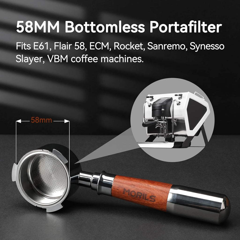 Bottomless Portafilter 58mm with Double Shot Filter Basket & Premium Walnutwood Handle, Portafilter with Puck Screen Compatible with All Breville 58mm Machines, Espresso Accessories, Silver