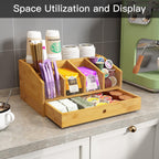 Coffee Station Organizer for Countertop Coffee Condiment Organizer, Office Coffee Station, Small Cute Coffee Bar Organizer – Bamboo & Wooden Storage with Removable Dividers & Drawer