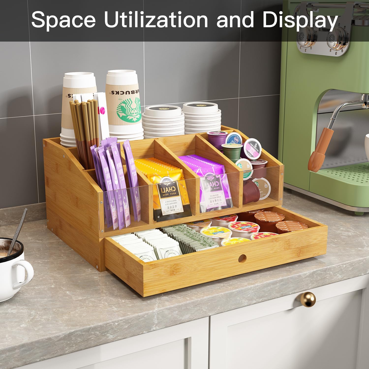 Coffee Station Organizer for Countertop Coffee Condiment Organizer, Office Coffee Station, Small Cute Coffee Bar Organizer – Bamboo & Wooden Storage with Removable Dividers & Drawer