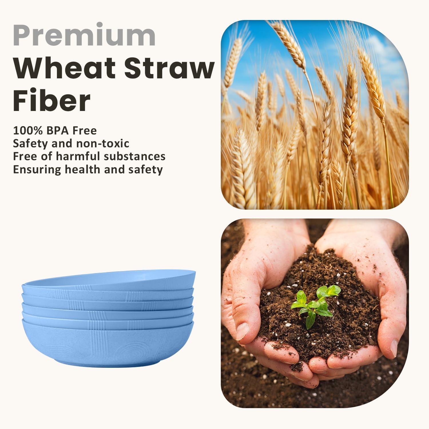 Homienly Wheat Straw Big Bowls Salad Bowls Set of 6 10 inch Serving Bowls 65 oz Large Bowls Plastic Plates Bowls Wide and Shallow Bowls for Kitchen Microwave & Dishwasher Safe-Sky Blue