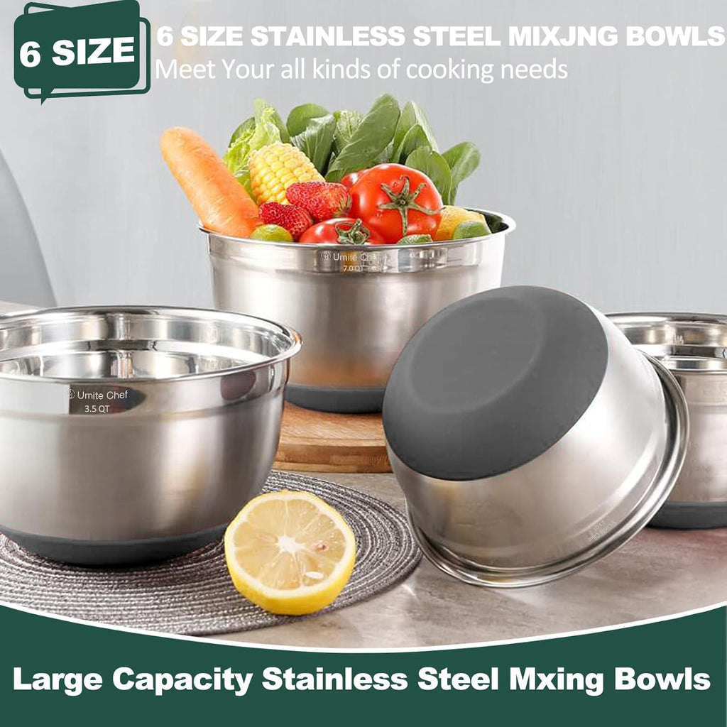 Umite Chef Mixing Bowls with Airtight Lids，6 piece Stainless Steel Metal Nesting Storage Bowls, Non-Slip Bottoms Size 7, 3.5, 2.5, 2.0,1.5, 1QT, Great for Mixing & Serving(Grey)