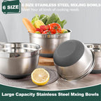 Umite Chef Mixing Bowls with Airtight Lids，6 piece Stainless Steel Metal Nesting Storage Bowls, Non-Slip Bottoms Size 7, 3.5, 2.5, 2.0,1.5, 1QT, Great for Mixing & Serving(Grey)