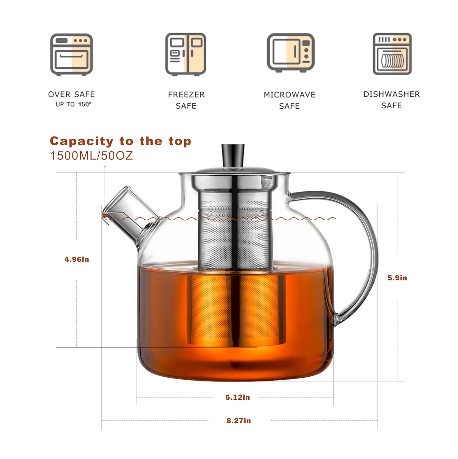 1500ml(50oz) Glass Teapot with Removable Infuser, Ehugos Stovetop Safe Large Tea Pot, Blooming and Loose Leaf Hand Crafted Kettle for Women and Adult with Stainless Infuser