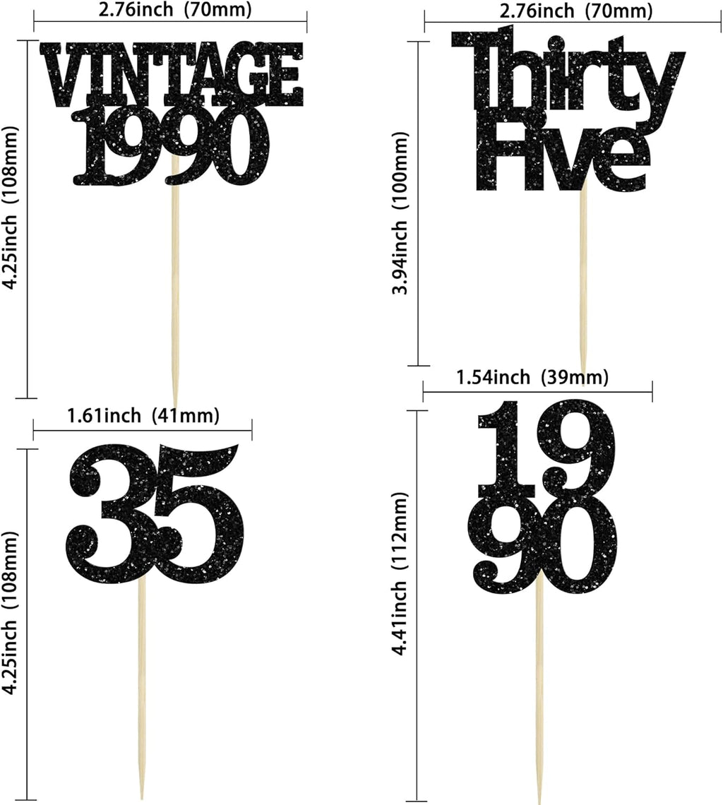 Gyufise 24Pcs Vintage 1990 Cupcake Toppers Glitter Cheers to 35 Fabulous Thirty Five Cupcake Picks 35th Birthday Wedding Anniversary Party Cake Decorations Supplies Black