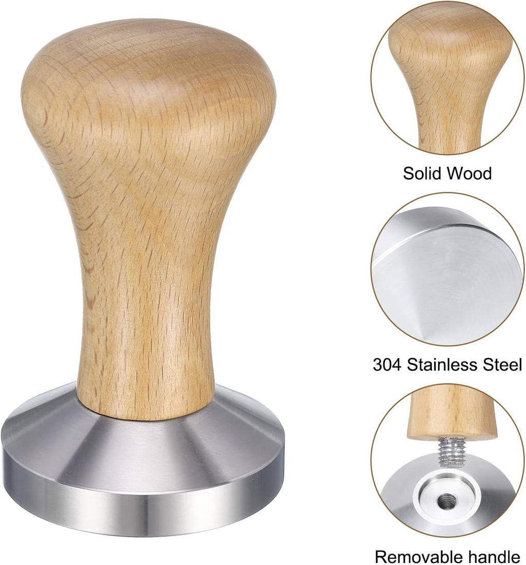 uxcell 53mm Espresso Tamper, Stainless Steel Press Tool Tamper with Wooden Handle, Espresso Accessories for Baristas, Home, Shops, Cafe (Flat Base, Light Wooden)