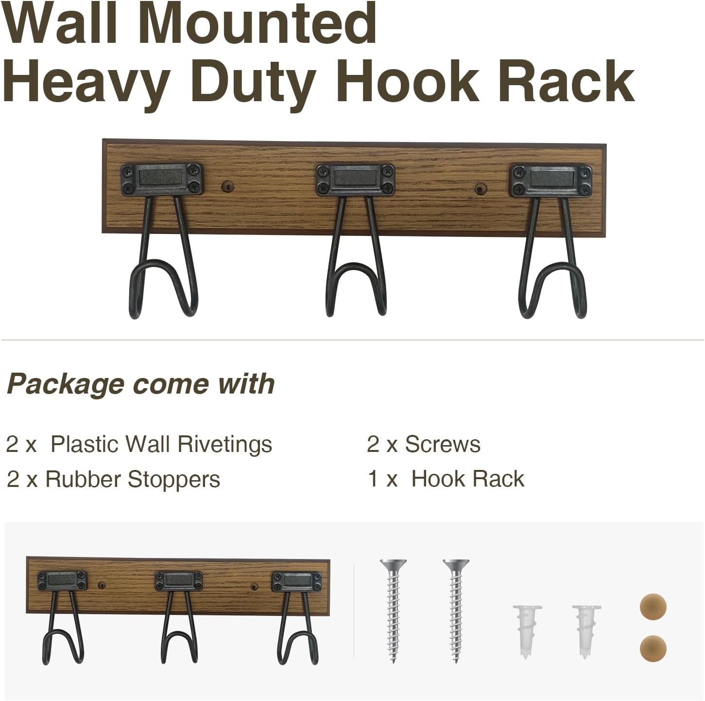 16" Wall Mounted Heavy Duty Label Hook Rack with 3 Hooks, for Hanging Coat, Hat, Jacket or Towel, Fit for Entryway, Hallway, Bedroom, Bathroom, Walk-in Closet and More - Brown/Black