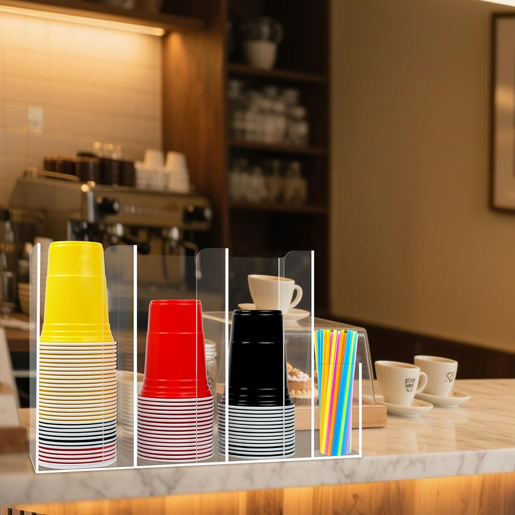 4 Compartments Acrylic Cup and Lid Holder, Clear Disposable Coffee Cup Holder Organizer,Cup Dispenser for Kitchen Bar Shop Party Supplies