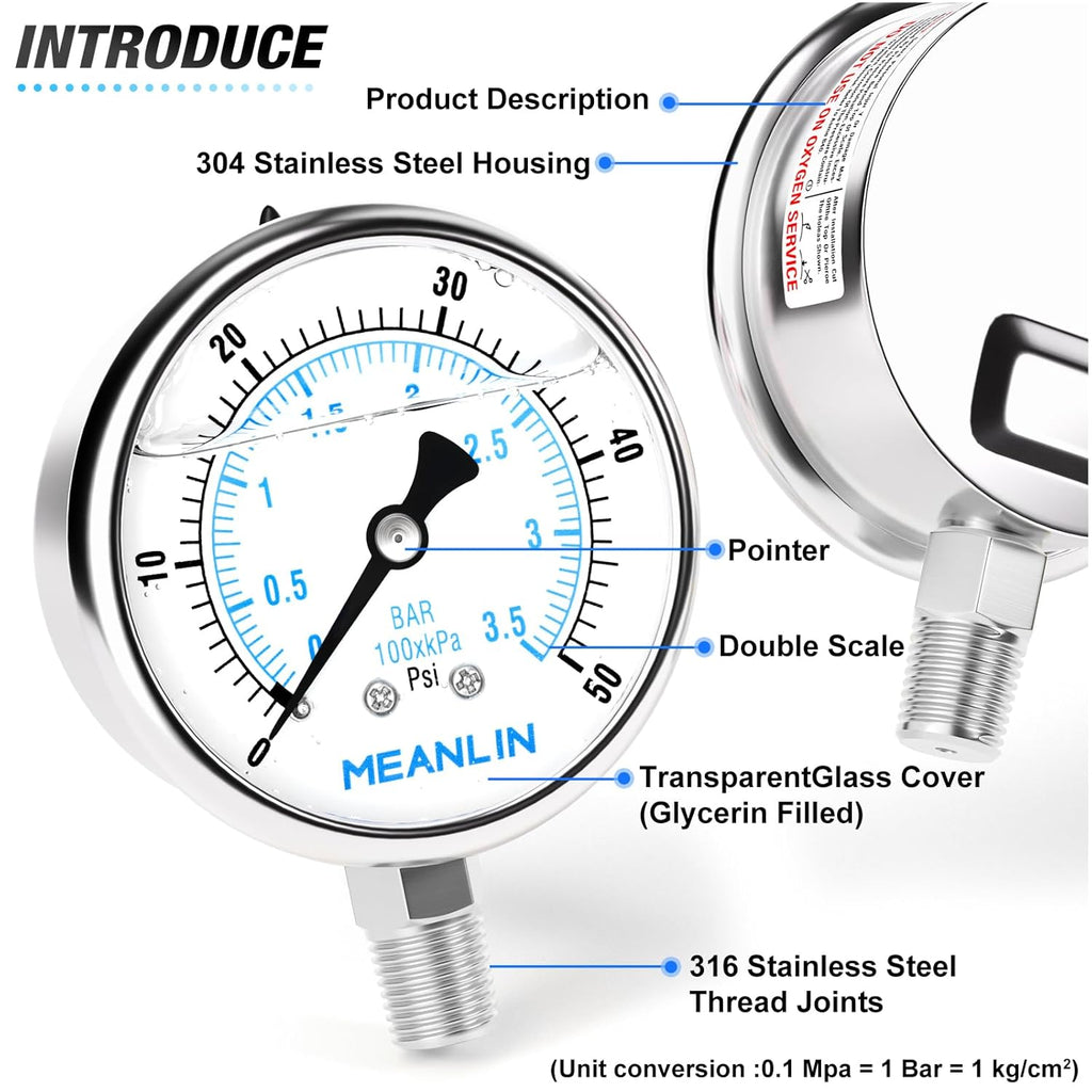 MEANLIN MEASURE 0~50Psi Liquid Filled Pressure Gauge Stainless Steel with 316 Stainless Steel Joint 1/4" NPT 2.5" FACE DIAL for Pool Sand Filter Water Oil Air Pressure Test Lower Mount