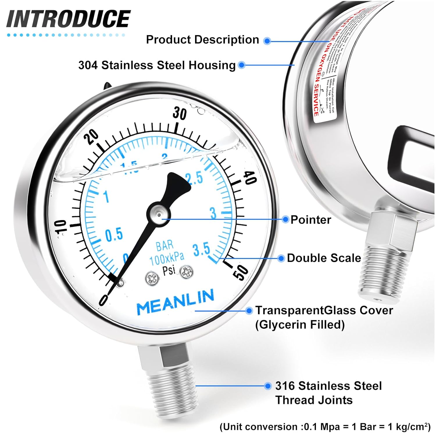 MEANLIN MEASURE 0~50Psi Liquid Filled Pressure Gauge Stainless Steel with 316 Stainless Steel Joint 1/4" NPT 2.5" FACE DIAL for Pool Sand Filter Water Oil Air Pressure Test Lower Mount