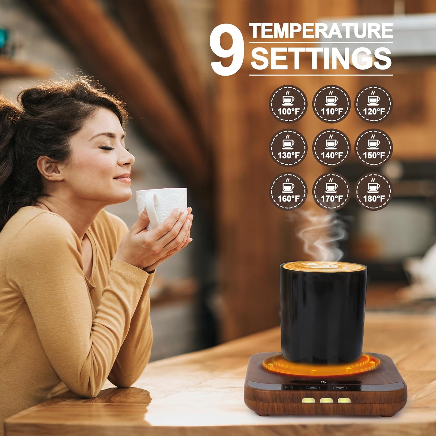Coffee Mug Warmer, Candle Tank Warmers，Auto Shut Off,9 Temperature Settings and 1-12 Hour Timer to Keep Beverages Like Coffee, Tea, Water, Milk and Cocoa Warm.（Wood）