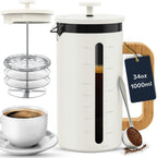 Home Hero French Press Coffee Maker - 34 oz Coffee Press with Bamboo Wood Handle, Heat Resistant Thick Borosilicate Glass French Presses, 4 Layer Filter, French Press Stainless Steel (Light Cream)
