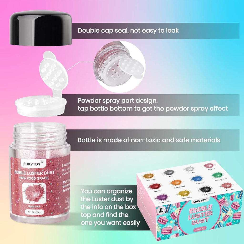 Edible Glitter for Cocktails and Cakes, 12 Colors x 5g Food Grade Shimmer Luster Dust Edible Set, Food Glitter for Drinks Cookies Chocolate