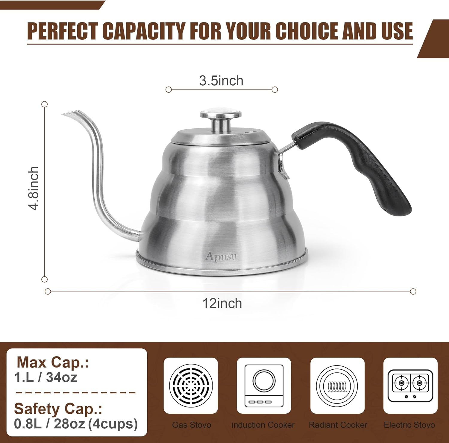 Pour Over Kettle for Manual Drip Coffee and Tea with Thermometer 28oz Gooseneck Kettle with Flow Control Stainless Steel Water Kettle for Stovetop,800ml,4 Cup,Silver,1Pack