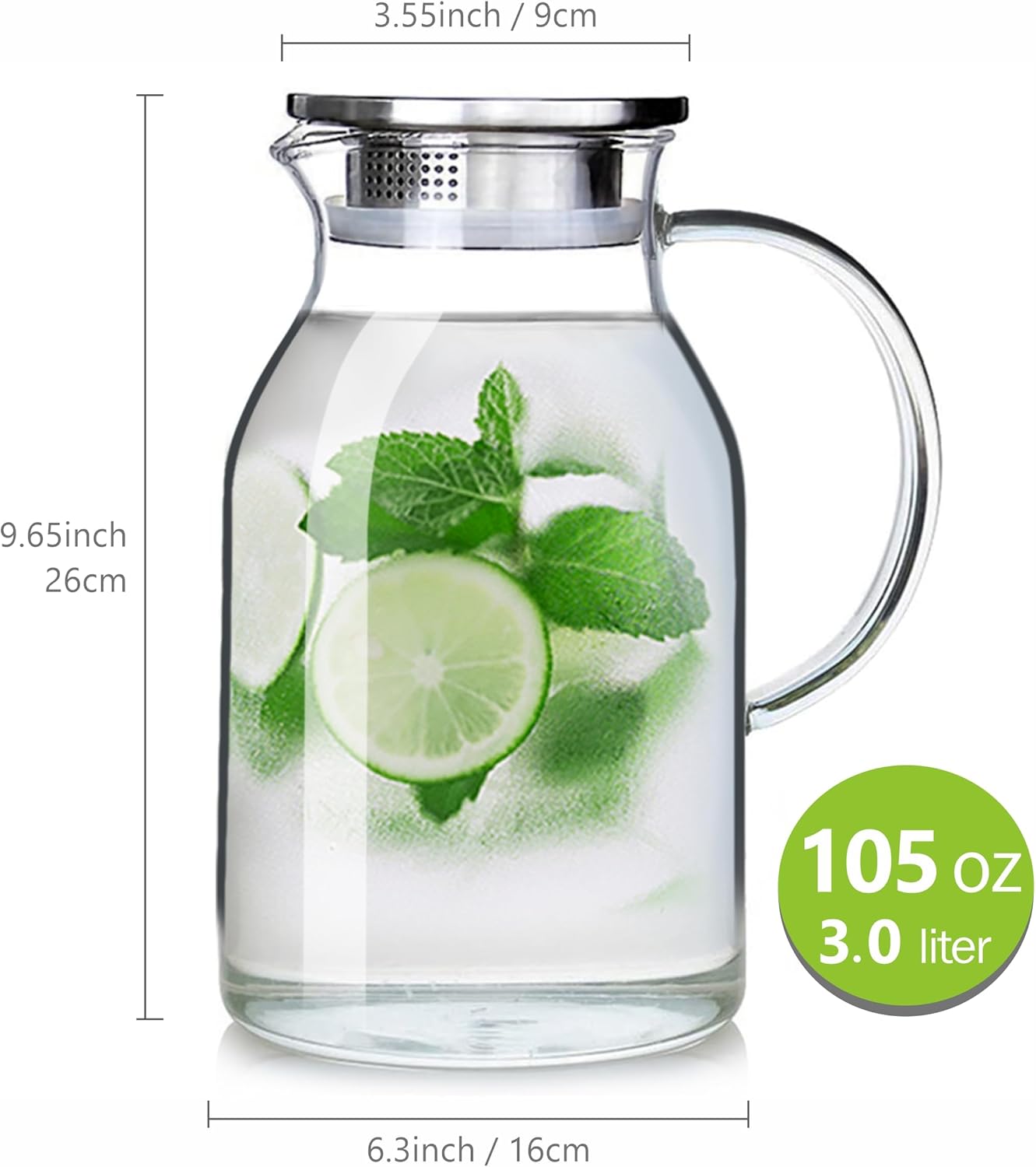 105OZ Glass Pitcher with Lid and Spout - High Heat Resistance Pitcher for Hot/Cold Water & Iced Tea (XL3.0L)