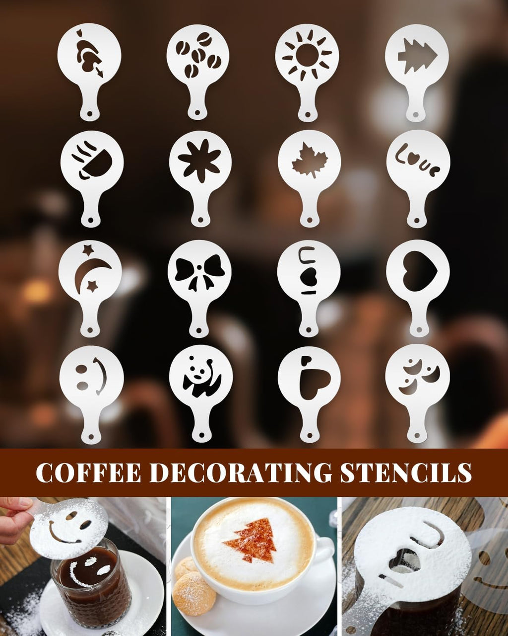 Milk Frothing Pitcher, 900ml/32oz Stainless Steel Milk Frother Cup Steaming Pitcher Espresso Machine Accessories with Decorating Art Pen, Powder Shaker, 16 PCS Coffee Decorating Stencils
