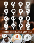 Milk Frothing Pitcher 350ml/12oz Steaming Pitchers Stainless Steel Milk Cappuccino Coffee with Decorating Art Pen, Powder Shaker, 16 Pieces Coffee Decorating Stencils