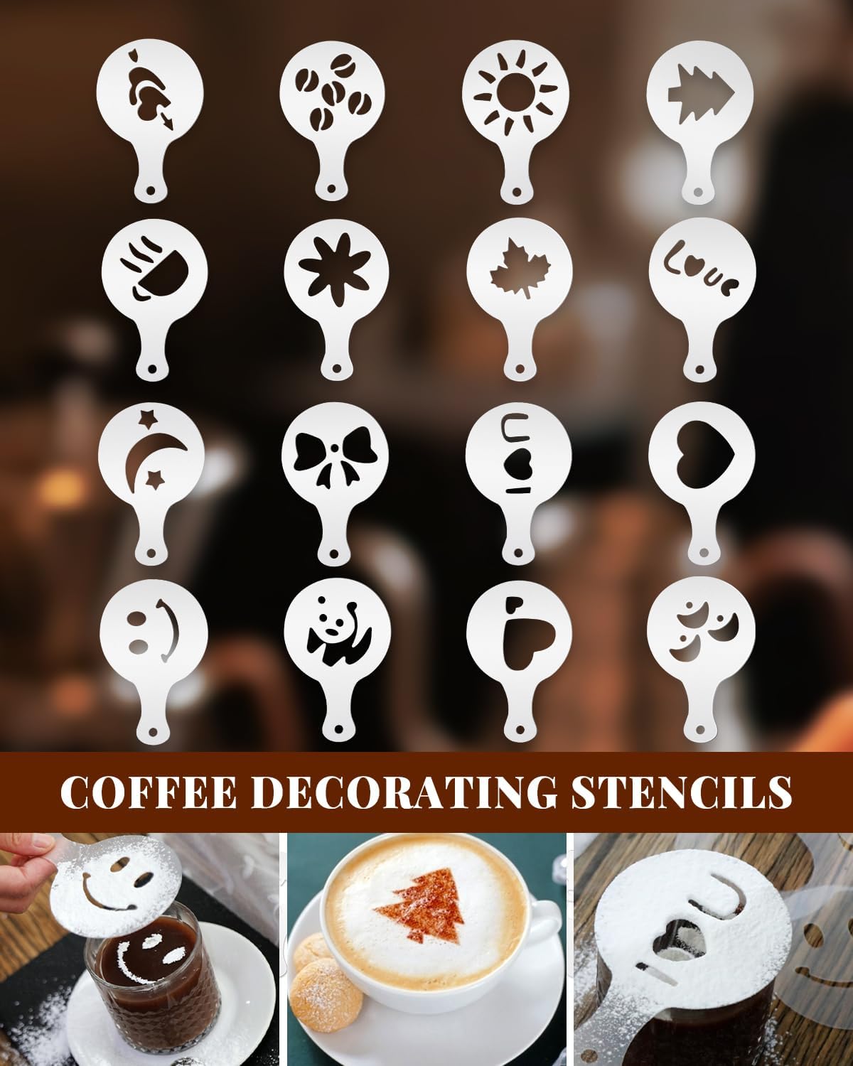 Milk Frothing Pitcher 350ml/12oz Steaming Pitchers Stainless Steel Milk Cappuccino Coffee with Decorating Art Pen, Powder Shaker, 16 Pieces Coffee Decorating Stencils