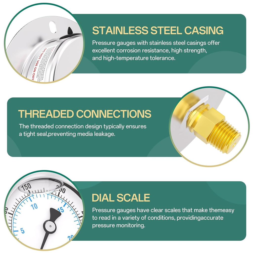 0-300PSI Panel Mount Front Flanged Glycerin Filled Pressure Gauge, 2.5" Dial Size, 1/4" MNPT Back Mount, Stainless Steel Case, with Phillips Screw and Nut, for Water, Gas, Liquid Pressure