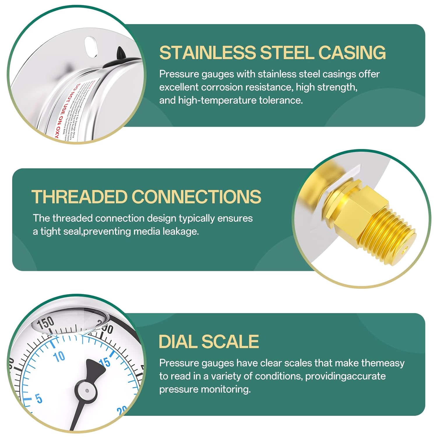 0-300PSI Panel Mount Front Flanged Glycerin Filled Pressure Gauge, 2.5" Dial Size, 1/4" MNPT Back Mount, Stainless Steel Case, with Phillips Screw and Nut, for Water, Gas, Liquid Pressure