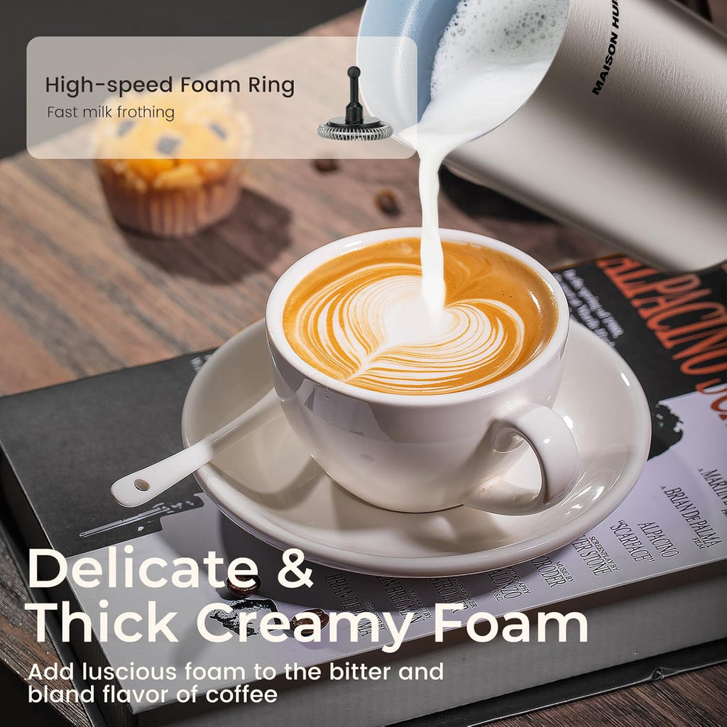 MAISON HUIS 6-IN-1 Milk Frother Steamer 550Watts, 20 oz Electric Stainless Steel, Hot and Cold Milk Frother for Latte, Macchiato, Cappuccino and Hot Chocolate