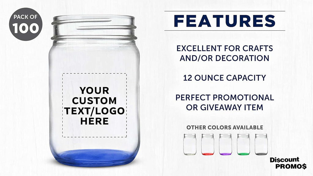 DISCOUNT PROMOS Custom Decorating Mason Jars 12 oz. Set of 100, Personalized Bulk Pack - Glass Jars for Overnight Oats, Candies, Fruits, Pickles, Spices, Beverages - Blue