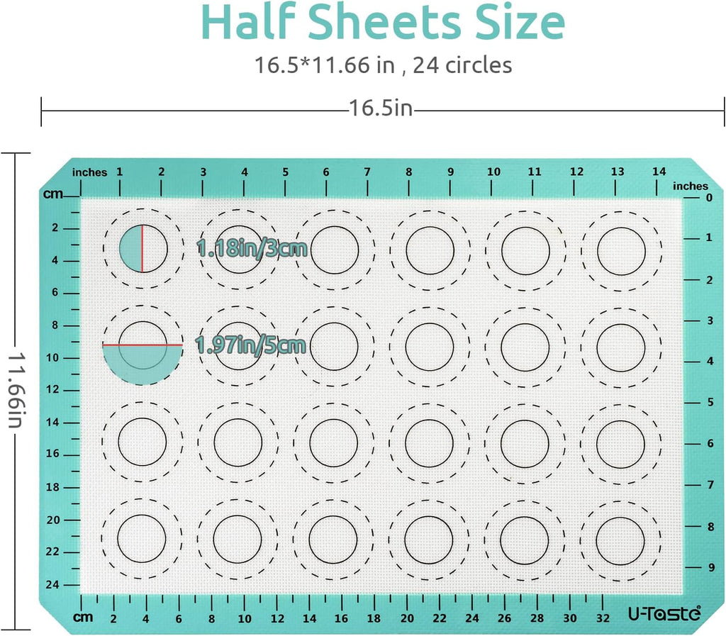 U-Taste 446ºF Heat Resistant Macaron Silicone Baking Mat, Non Stick Reusable Cookies Pastry Sheet Liner with Edge Enhancement Circle Measurement (Half Sheets Size, Pack of 2, Aqua Sky)