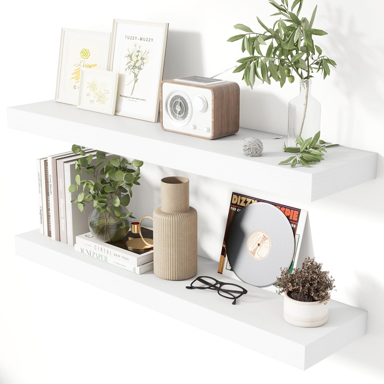 Heimlove 36 Inch Floating Shelves for Wall 8 Inch Deep White Shelves Set of 2,Wall Mounted Rustic Wood Long Floating Shelf with Invisible Brackets for Bedroom Kitchen Living Room