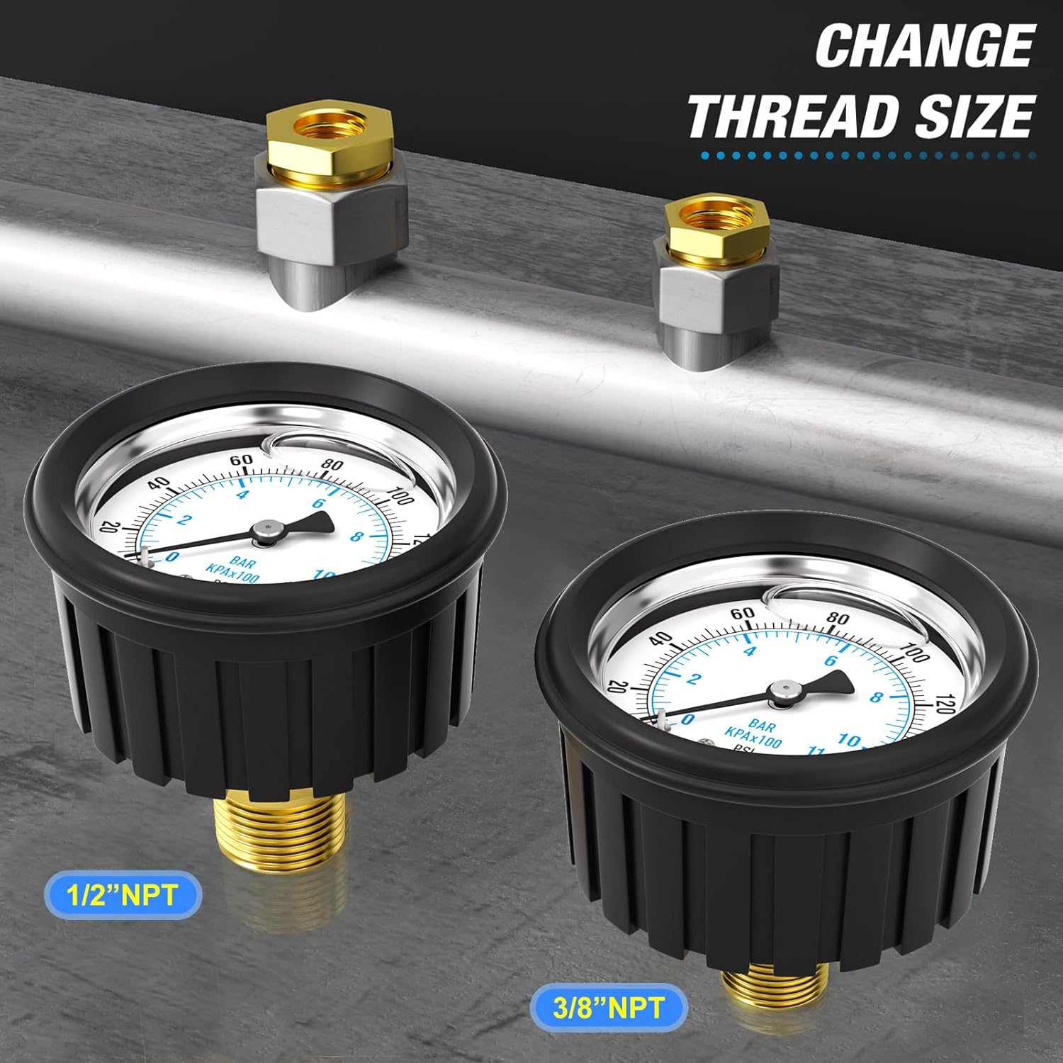 MEANLIN MEASURE 0~160Psi Stainless Steel 1/4" NPT 2.5" FACE DIAL Liquid Filled Pressure Gauge, Center Back Mount (with Rubber Protective Sleeve), with 1/2" NPT and 3/8" NPT Hex Bushing
