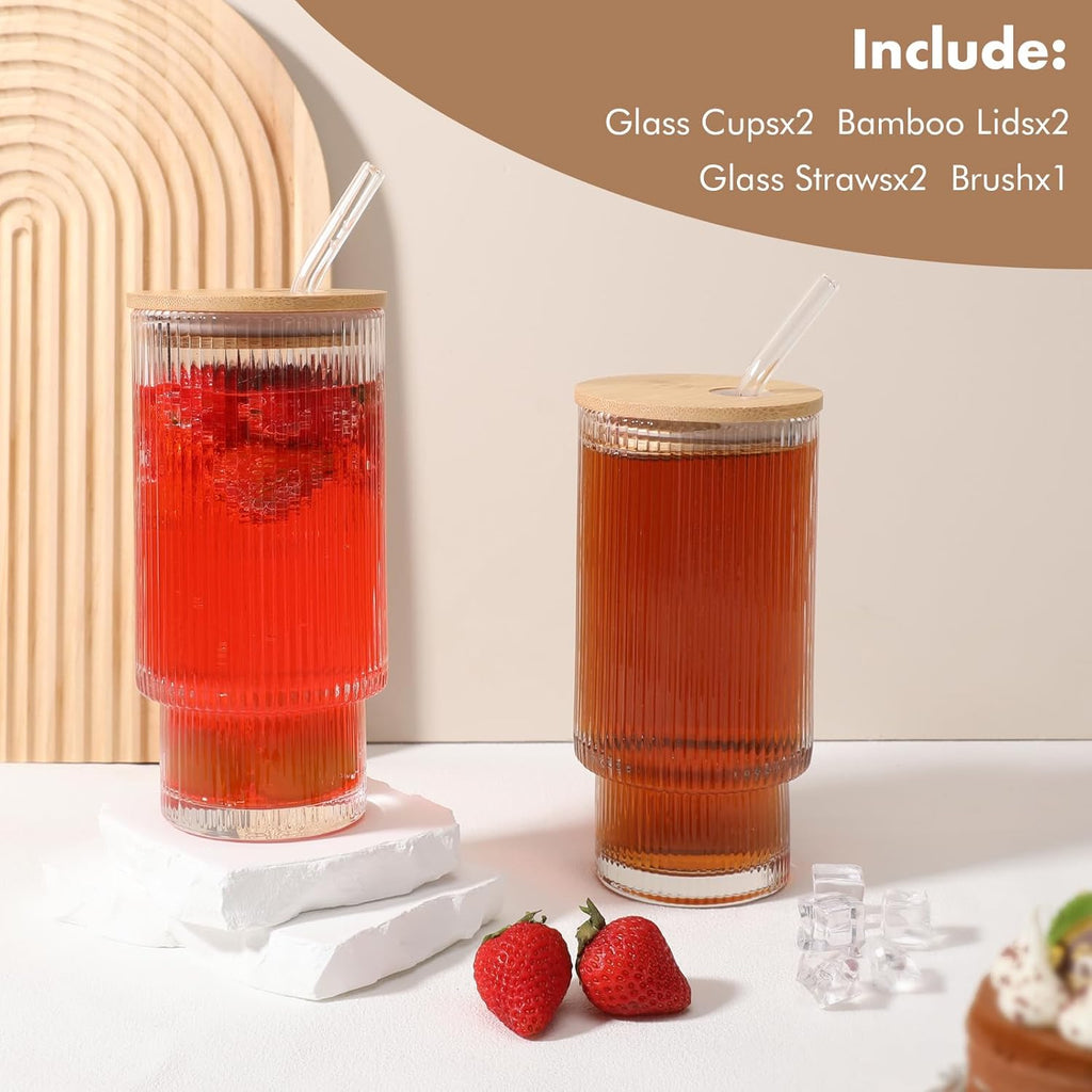Glass Cups with Bamboo Lids and Straws - 16 oz Iced Coffee Cups, Vintage Ribbed Drinking Glasses, Tumbler for Juice, Beer, Coffee, Milk, Cocktail, Water (2 Pack)