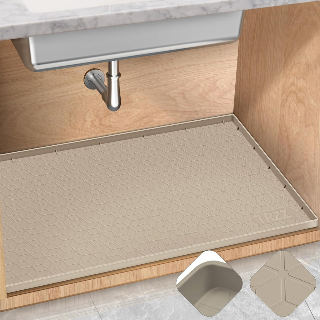 TRZZ Silicone Waterproof Under Sink Mat 34" x 22", Drip Tray and Cabinet Liner for Kitchen and Bathroom, Prevents Water Damage and Organizes Cabinets (Khaki)