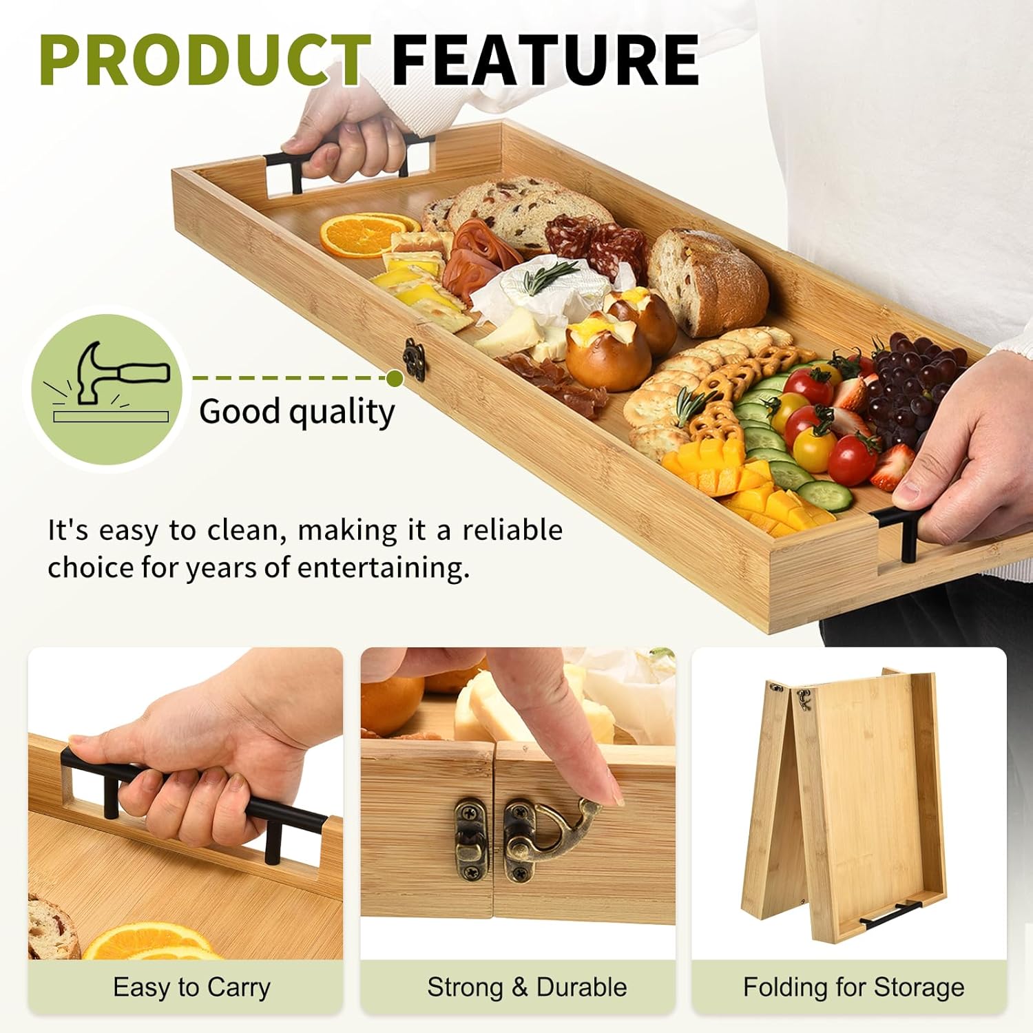 Large Charcuterie Board with Handles, 32 x 12 Inch Foldable Bamboo Serving Cheese Boards - Serving Platter for Meat, Party Appetizers, Outdoor & Fruit