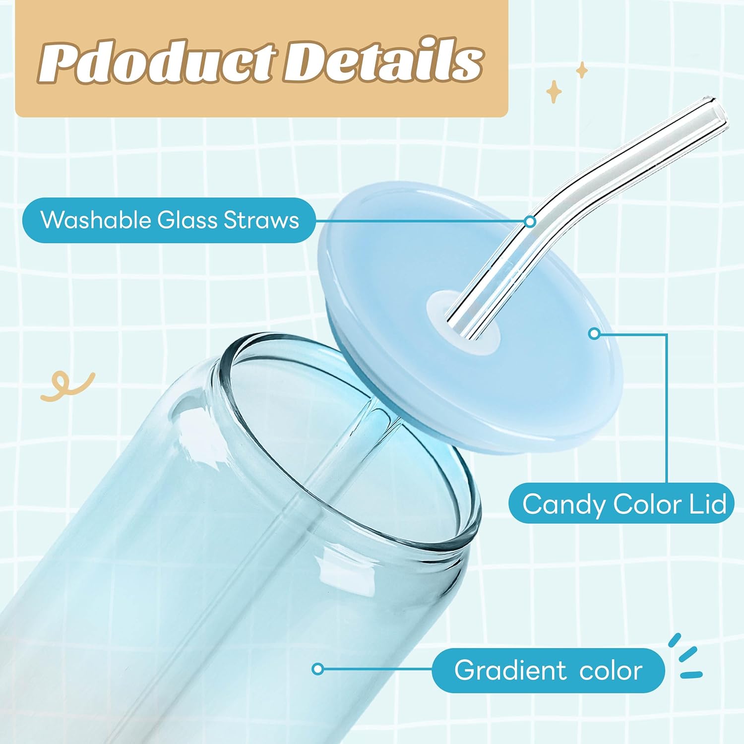 Joyclub 20oz Glass Cups with Acrylic Lids and Straws 8 Set Can Shaped Glass Iced Coffee Cups with Lids, Gradient Drinking Glasses Cute Tumbler Cup Great for Smoothie Soda Boba Tea Cocktail Beer Gift