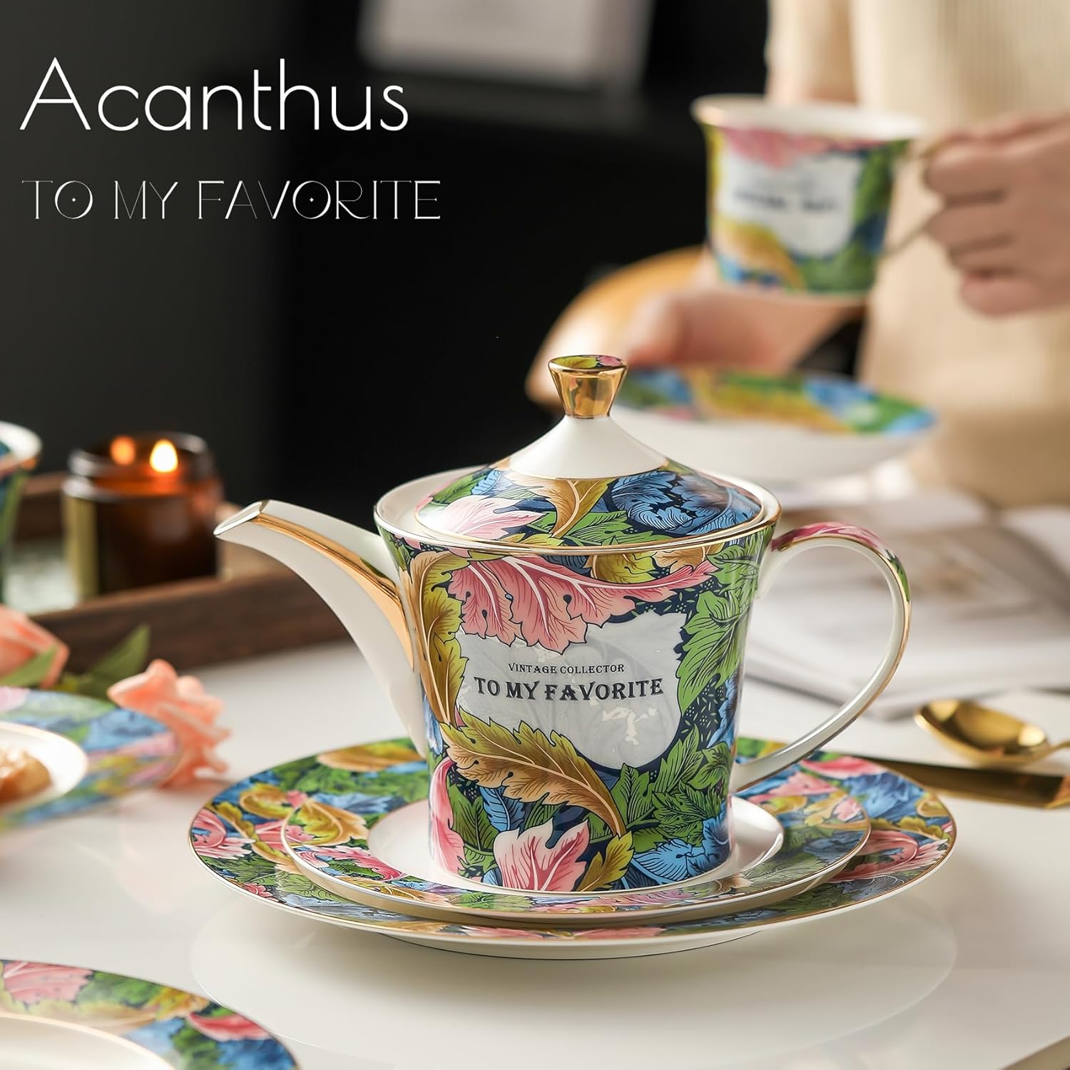 ACMLIFE Tea Cup and Saucer Set for 1, Vintage Floral Bone China Tea Cup Set with Saucer 24K Gold, Porcelain Tea Cup with Spoon and Gift Box, 6.8 oz (Green)