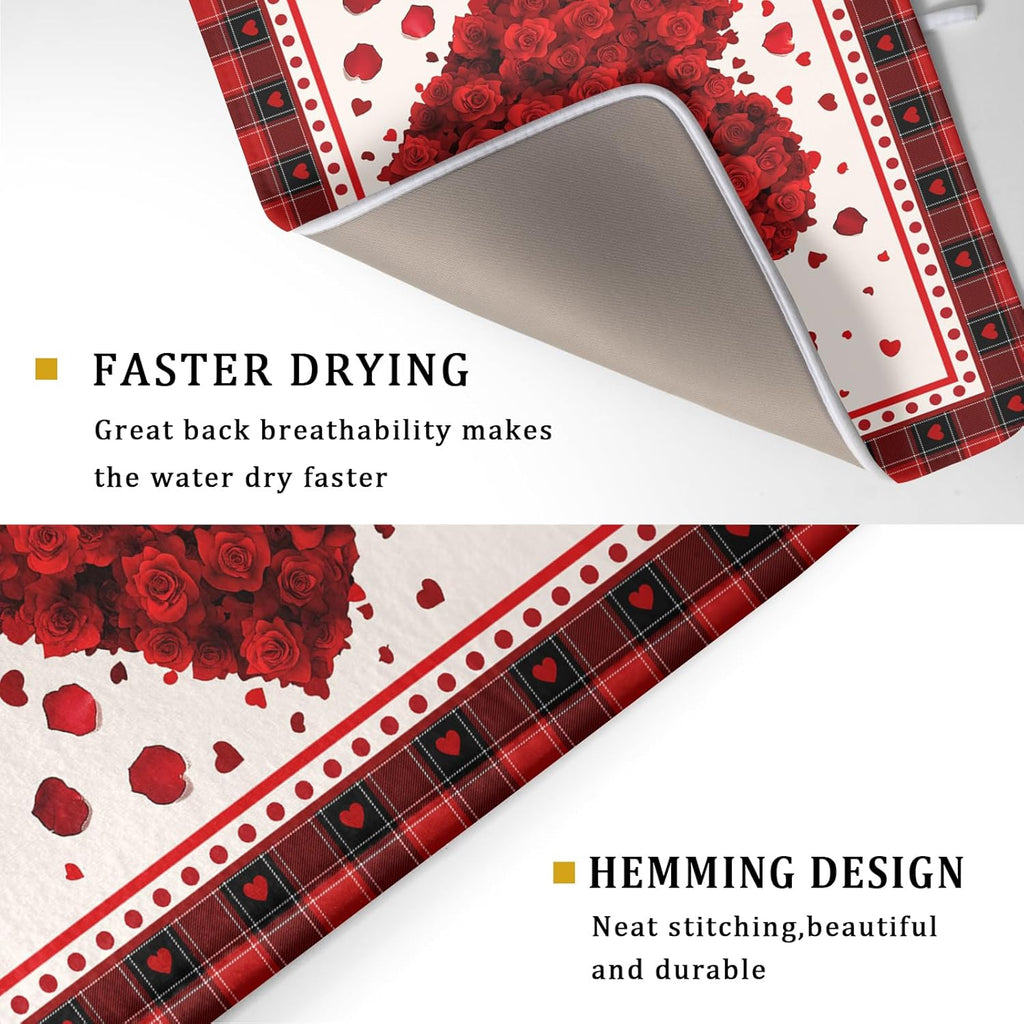 Giwawa Love Heart Dish Drying Mat 18x24 inch Valentines Day Red Rose Flowers Dish Drainer Mats Red Black Buffalo Plaids Absorbent Dish Drying Pad for Kitchen Countertop Wedding Large Decor