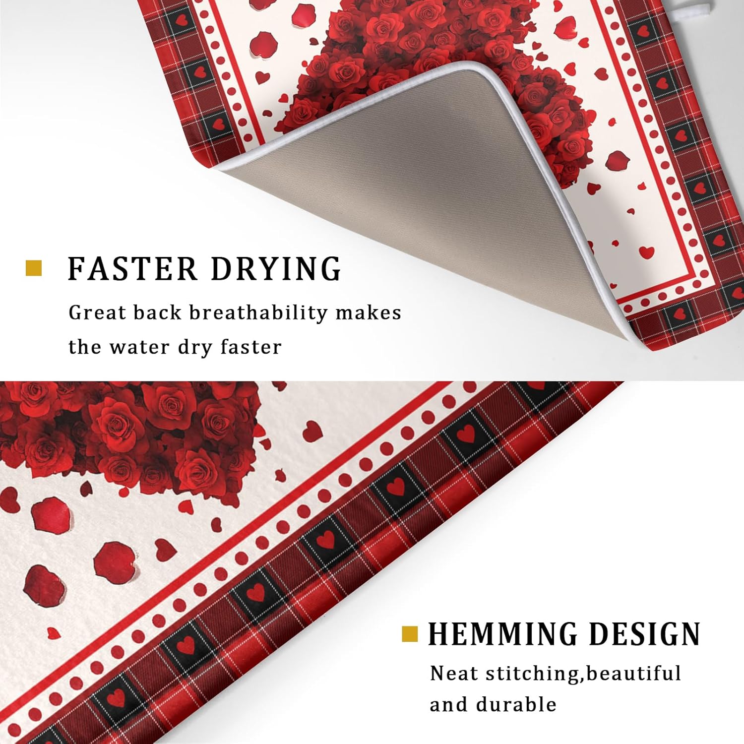 Giwawa Love Heart Dish Drying Mat 18x24 inch Valentines Day Red Rose Flowers Dish Drainer Mats Red Black Buffalo Plaids Absorbent Dish Drying Pad for Kitchen Countertop Wedding Large Decor