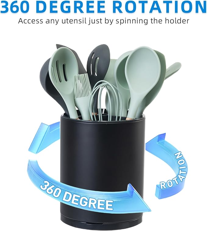 Kitchen Utensil Holder Extra Large 360°Rotating For Counter Organizer Stainless Steel Storage Cooking Silverware Caddy 3 Compartment Flatware Spoon Spatula Tool Cutlery Container（Black）