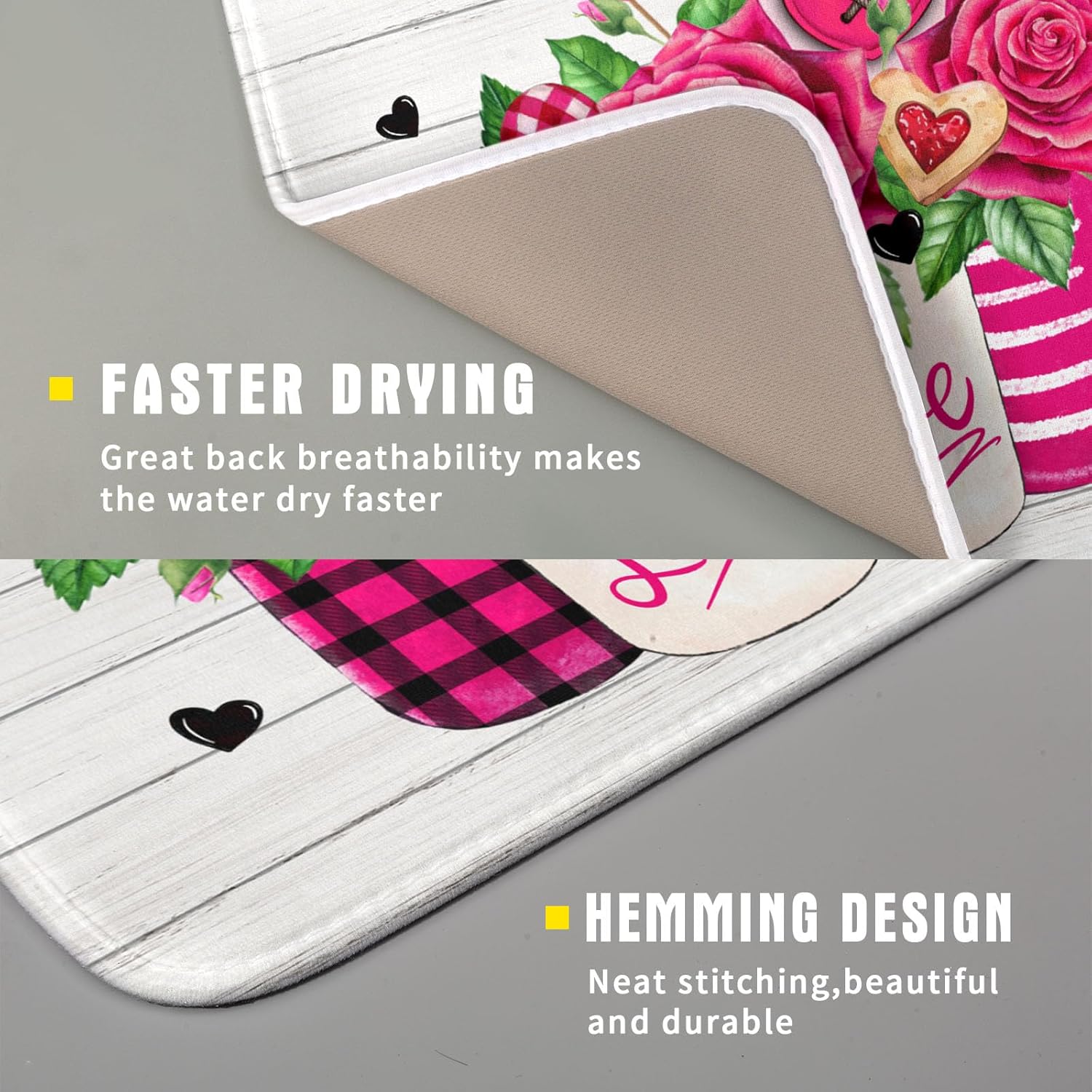 Valentine's Day Rose Flower Dish Drying Mat for Kitchen Counter,Mason Jar Pink Love Heart Drying Mat 16 x 18 Inch with High Absorbent Microfiber Drainer Mat for Coffee Bar