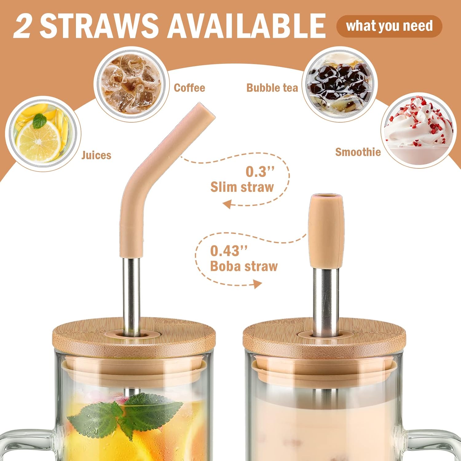 Kodrine Tumbler with Lid and Straw, 24 oz Glass Tumbler with Handle, Iced Coffee Cup Boba Smoothie Cup, Coffee Tumbler Water Tumbler Cups with Bamboo Lid Home Office Tumblers, Amber