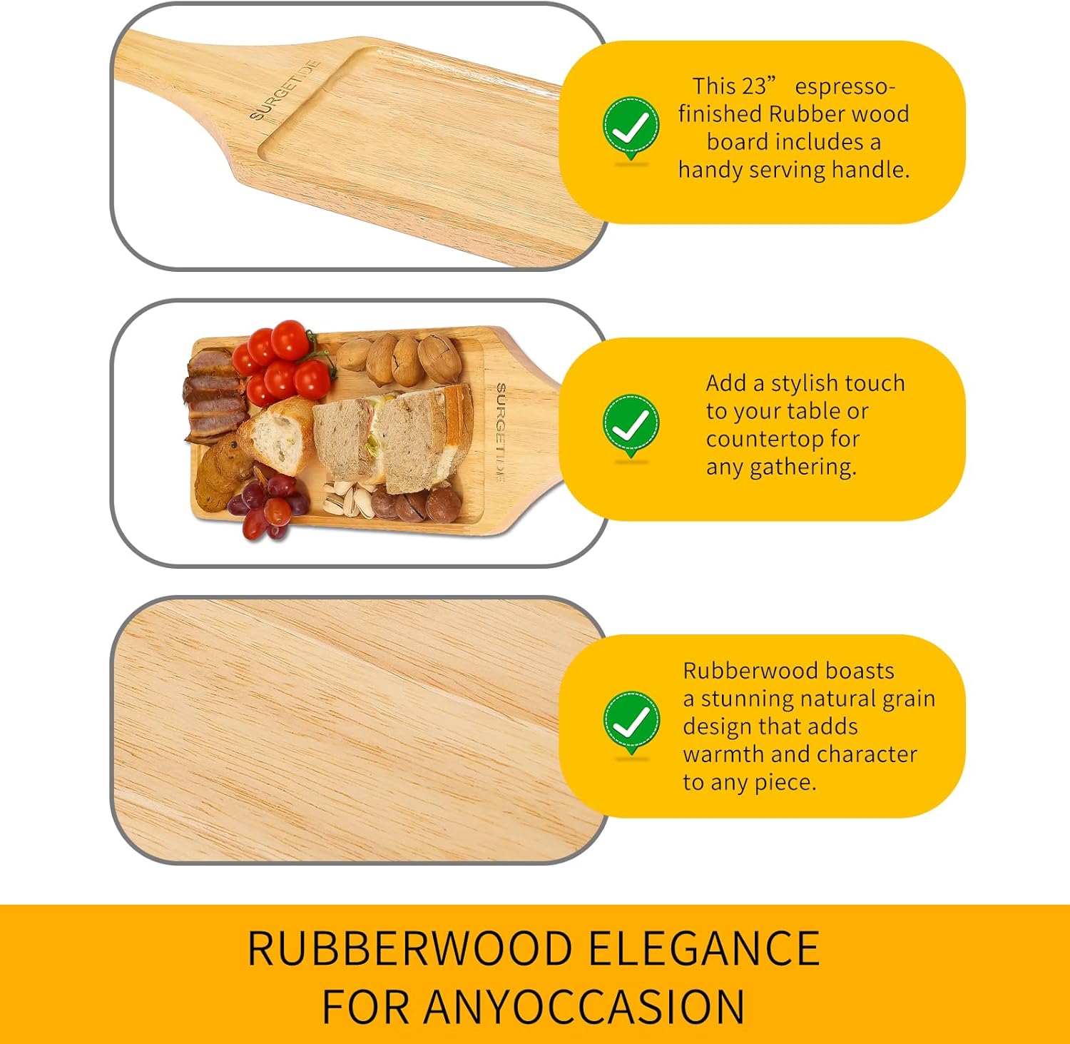 Premium Rubberwood Charcuterie Board with Handle – Durable Wooden Serving Platter for Cheese, Meat, and Appetizers – Perfect for Entertaining, Parties, and Gifts