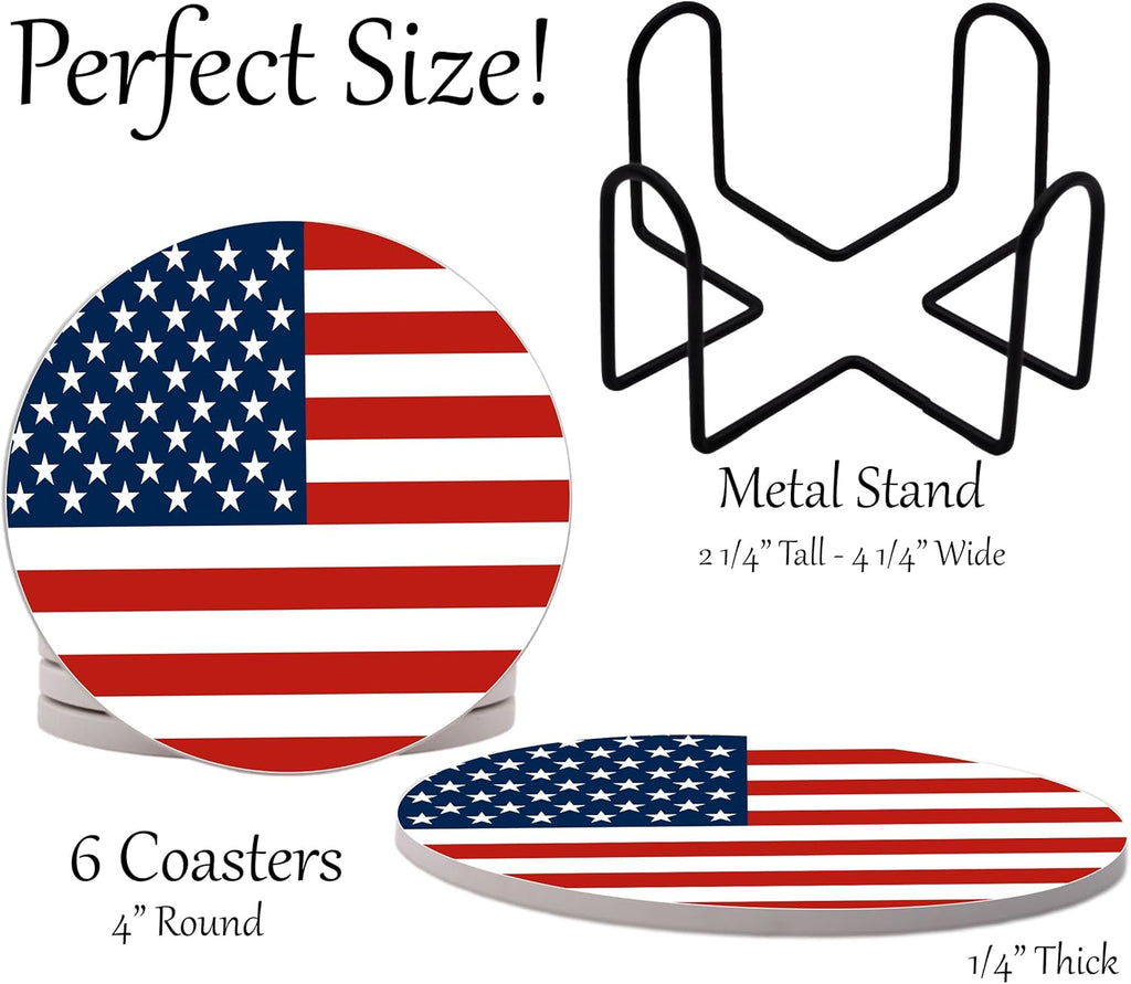 USA American Flag United States Round Coasters Set of 6 - Abosrbent Ceramic with Metal Stand for Drinks, Coffee, Non-Slip Cork Back for Tabletop Protection, 4 Inches (Old Glory)