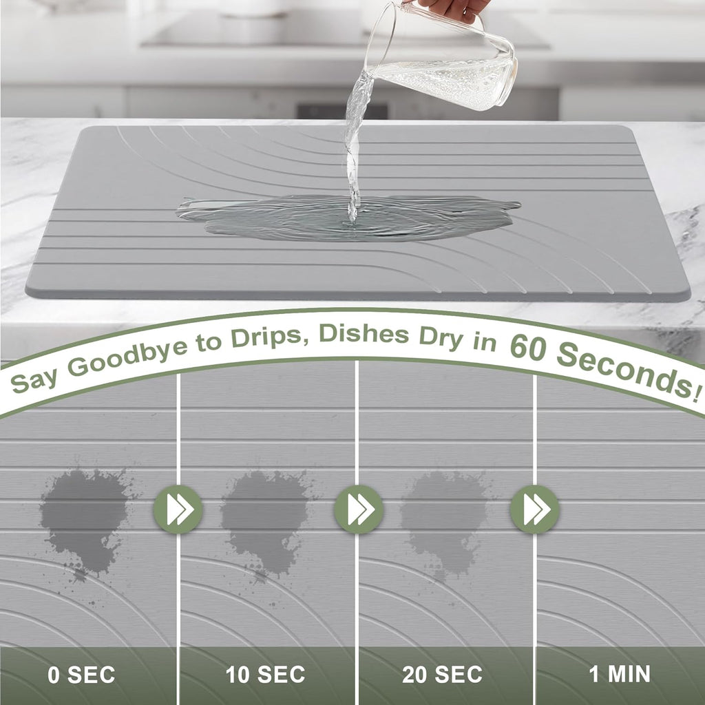 Large Stone Drying Mat for Kitchen Counter, 24" × 16" Diatomite Dish Drying Mat, Quick Dry Stone Mats, Ultra Absorbent Natural Diatomaceous Earth Mats for Dished, Bottles, Dark Grey