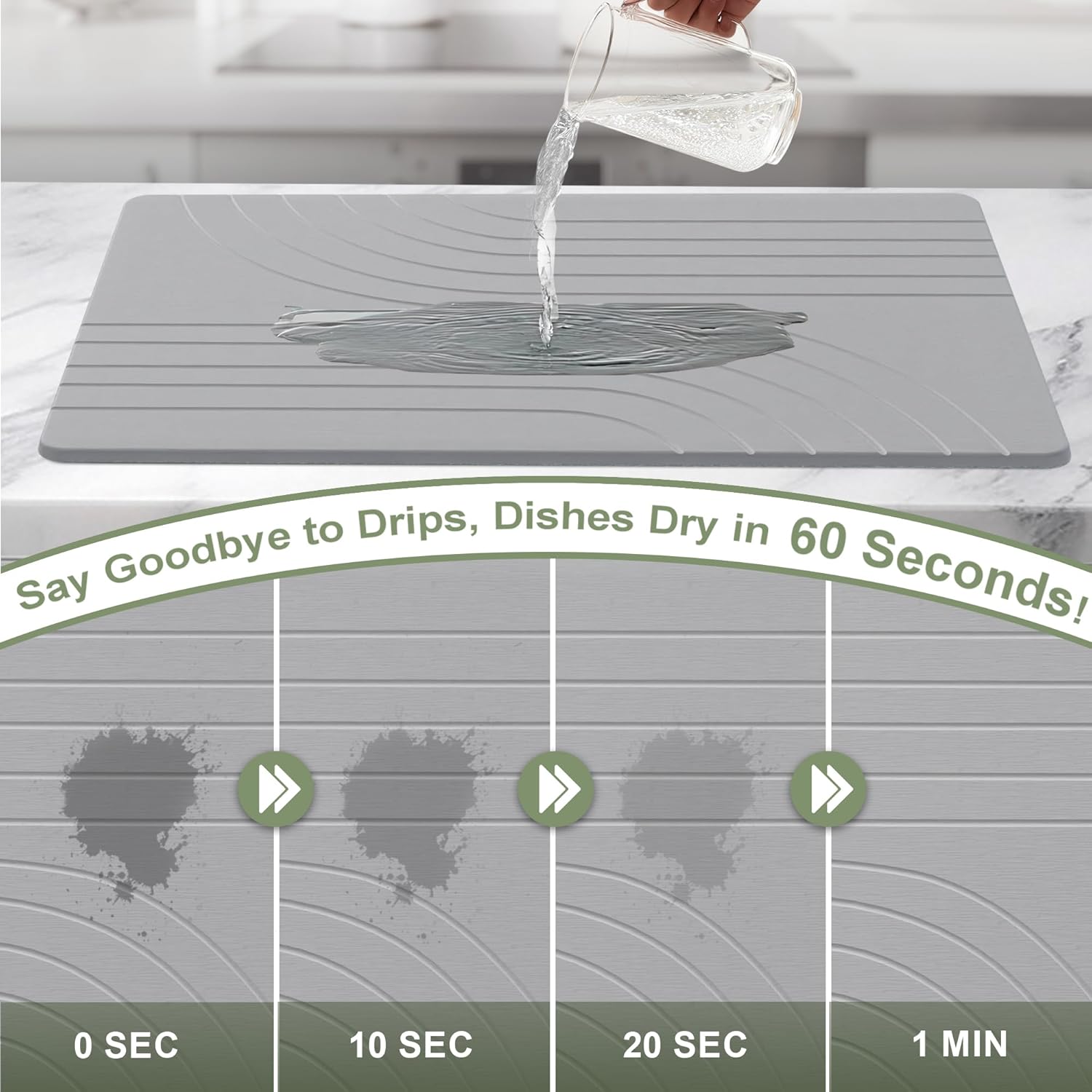 Large Stone Drying Mat for Kitchen Counter, 24" × 16" Diatomite Dish Drying Mat, Quick Dry Stone Mats, Ultra Absorbent Natural Diatomaceous Earth Mats for Dished, Bottles, Dark Grey