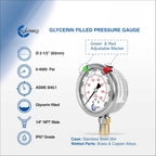 Stainless Steel Pressure Gauge Dual Display (0-4000 psi/kPa) - 2 1-2" Glycerine Liquid Filled Water Air Oil Gas Gauge with Polycarbonate Lens & Brass Connection- 1/4" NPT Lower Mount